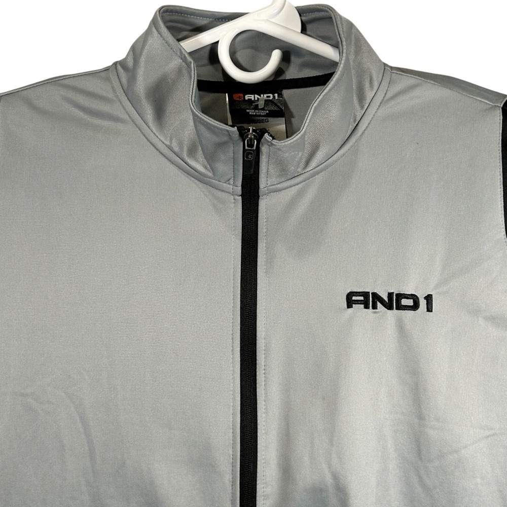 AND1 Mens Full Zip Track Jacket Silver Grey Black Logo Athletic‎ Warmup 2XL NEW